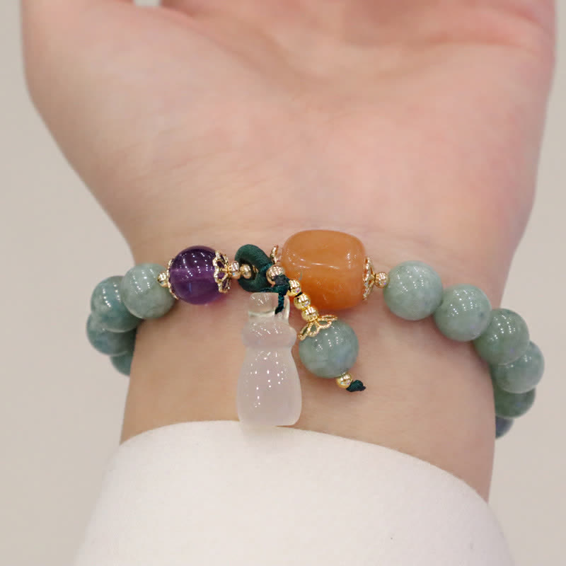 Bracelet de guérison en cristal d'améthyste avec boucle de paix et lotus en jade cyan et citrouille