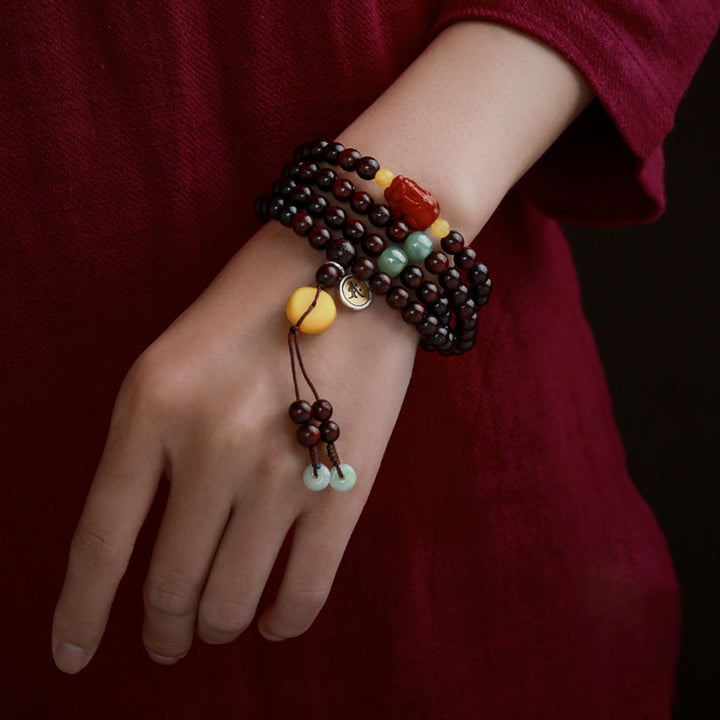 Buddha Stones Zodiaque chinois Bouddha natal 108 perles Mala Petite feuille Bois de santal rouge Agate rouge Bracelet de protection PiXiu