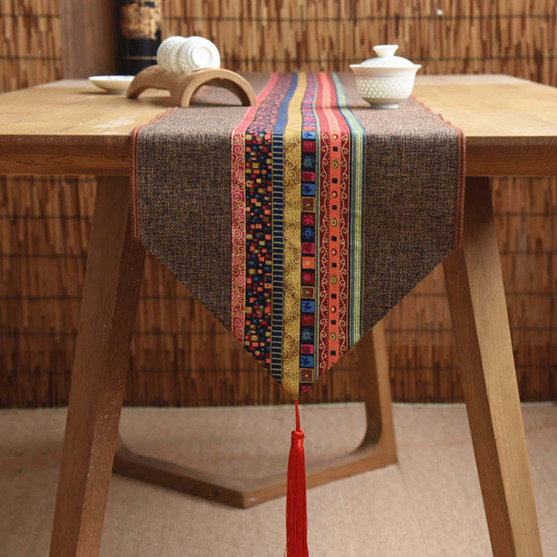 Chemin de table en coton et lin avec pompons, Buddha Stones, style chinois classique, lotus, poisson koï, fleur, grue, calligraphie, illumination - image 12