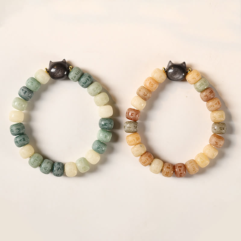Bracelet d'harmonie gravé en obsidienne argentée Buddha Stones de Bodhi et pierres de Bouddha Tête de chat Om Mani Padme Hum - image 14