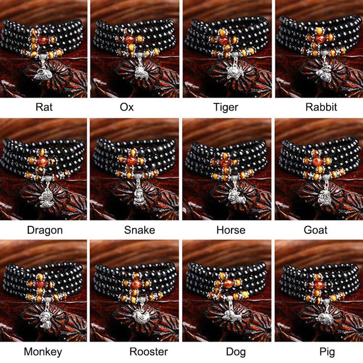Bracelet Mala porte-bonheur en obsidienne noire et œil de tigre avec 108 perles du zodiaque chinois