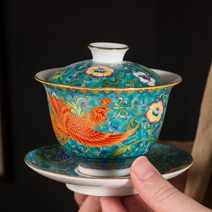 Tasse à thé en céramique Gaiwan Sancai avec motif de fleurs et de dragons Buddha Stones Kung Fu et soucoupe avec couvercle