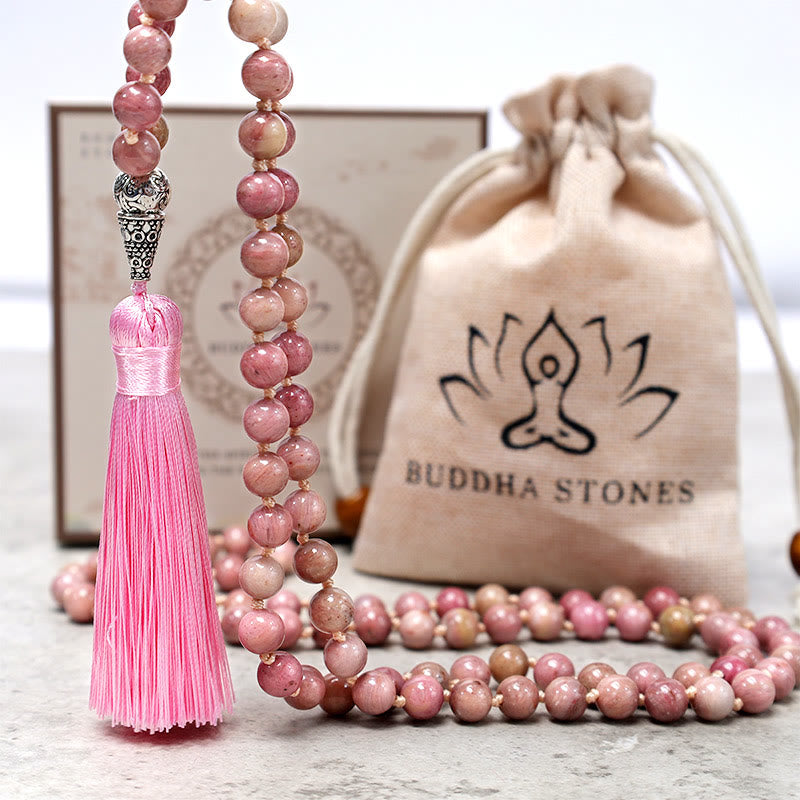 Bracelet de prière de méditation et de yoga en perles de rhodonite de 108 Mala Buddha Stones