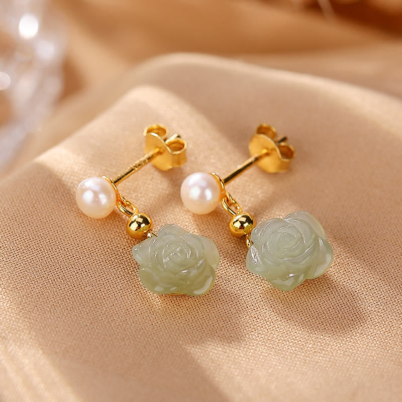 Buddha Stones d'oreilles porte-bonheur en argent sterling 925 plaqué or et jade rose avec perles de jade cyan