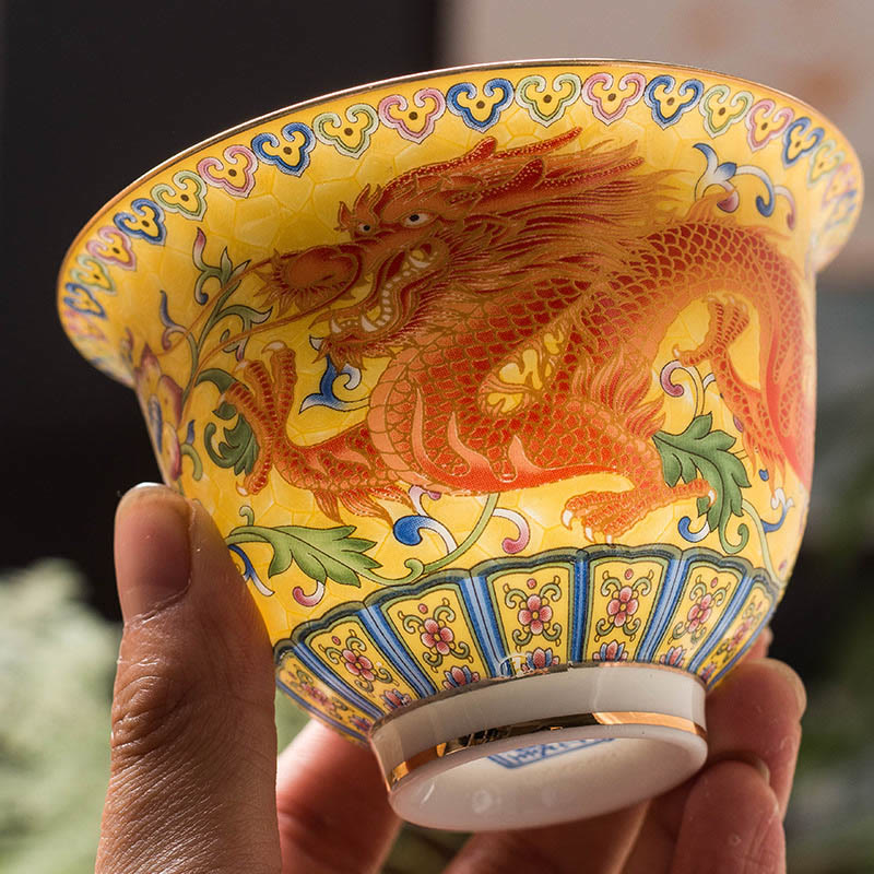 Tasse à thé en céramique Gaiwan Sancai avec motif de fleurs et de dragons Buddha Stones Kung Fu et soucoupe avec couvercle