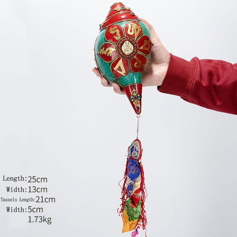 Tibétain fait à la main Shankha Om Mani Padme Hum bouddha Avalokitesvara coquille de conque Turquoise décoration positive - Om Mani Padme Hum-Avalokitesvara à quatre bras 25*13cm - image 26