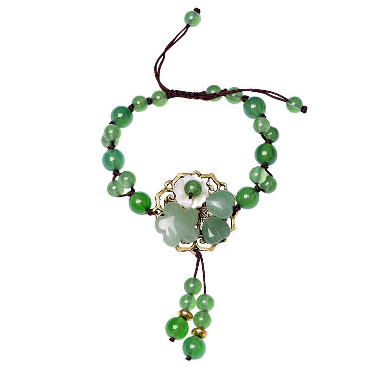 Bracelet porte-bonheur en jade vert naturel Buddha Stones et fleur pendante