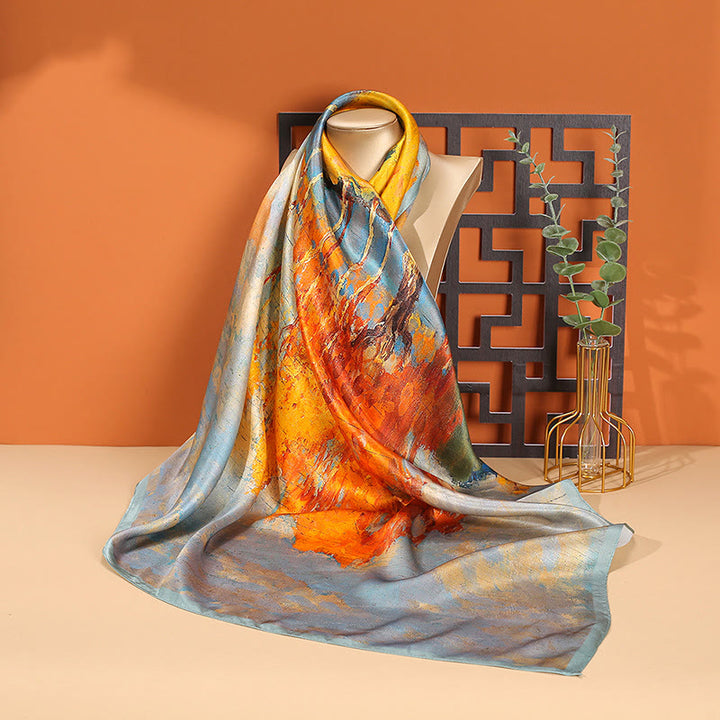 Foulard pour cheveux en soie de mûrier 100 % Buddha Stones et peinture à l'huile sur la ville, scène de neige, château, lotus