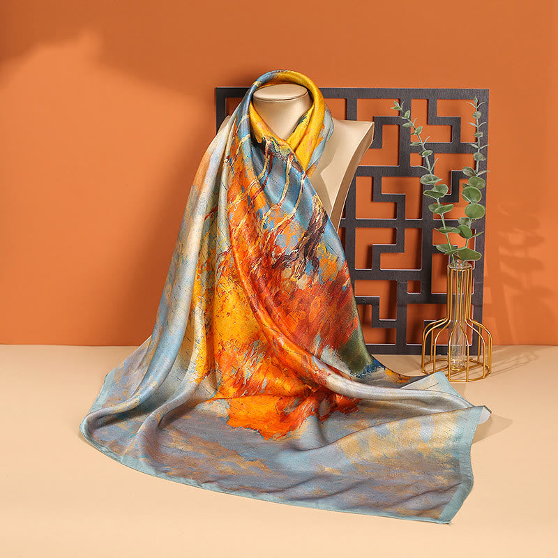 Foulard pour cheveux en soie de mûrier 100 % Buddha Stones et peinture à l'huile sur la ville, scène de neige, château, lotus - Peinture à l'huile - image 0