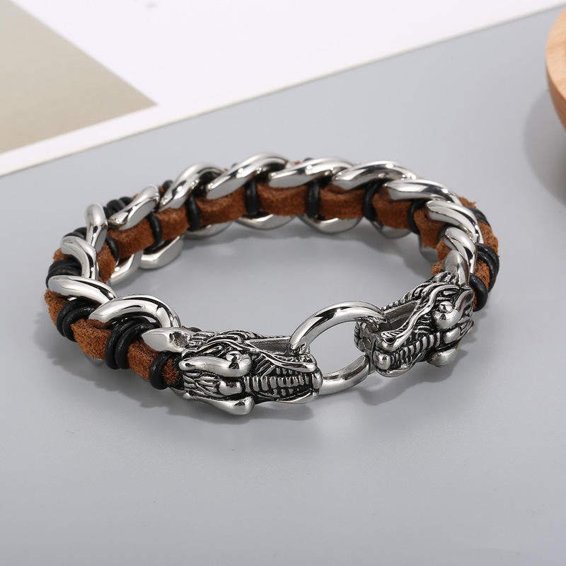 Bracelet tressé en cuir de dragon et acier titane pour protection et chance