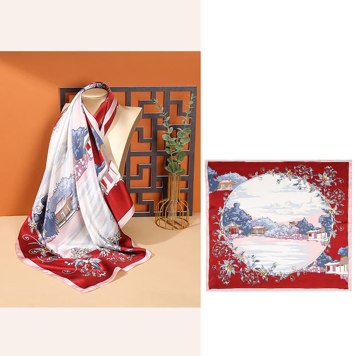 Foulard pour cheveux en soie de mûrier 100 % Buddha Stones et scène pastorale en montgolfière