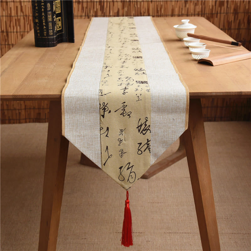 Chemin de table en coton et lin avec pompons, Buddha Stones, style chinois classique, lotus, poisson koï, fleur, grue, calligraphie, illumination