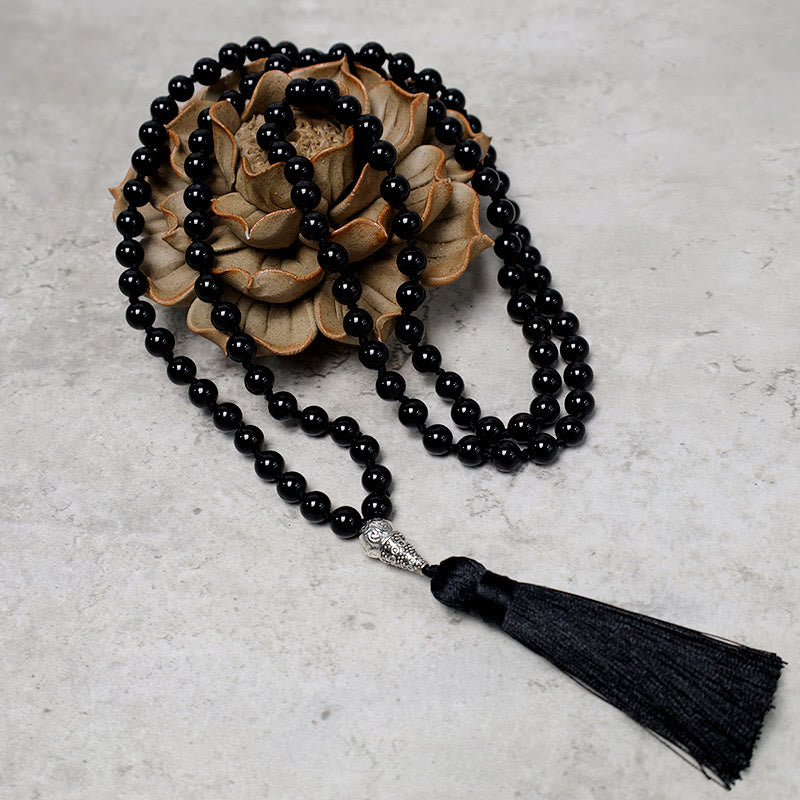 Collier de perles de prière de méditation de yoga en perles d'onyx noir de 108 Buddha Stones