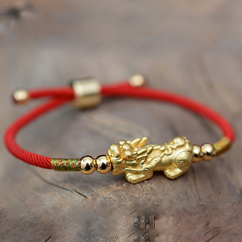Bracelet porte-bonheur PiXiu en plaqué or 24 carats avec cordon rouge Buddha Stones