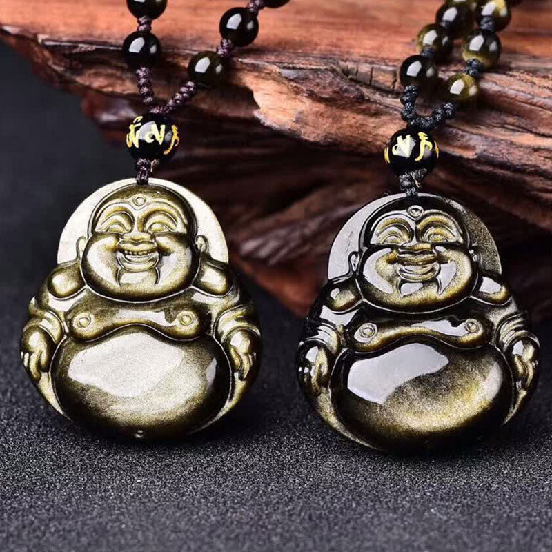 Buddha Stones Bouddha rieur Collier d'obsidienne à reflets d'or Pendentif de richesse - image 2