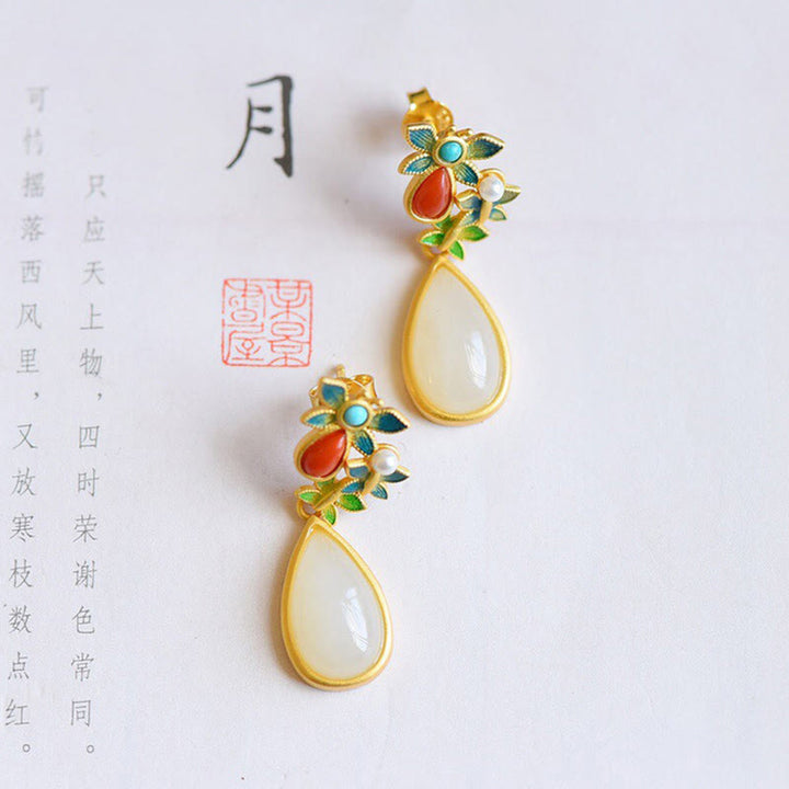 Boucles d'oreilles pendantes en forme de goutte d'eau Buddha Stones, jade blanc, agate rouge, papillon, protection