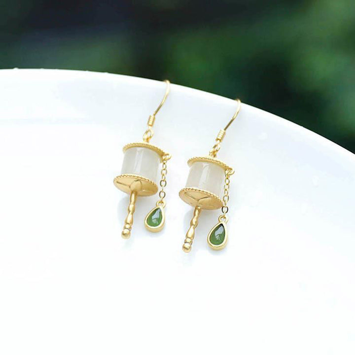 Boucles d'oreilles pendantes en argent sterling 925 et jade avec roue de prière et porte-bonheur Buddha Stones
