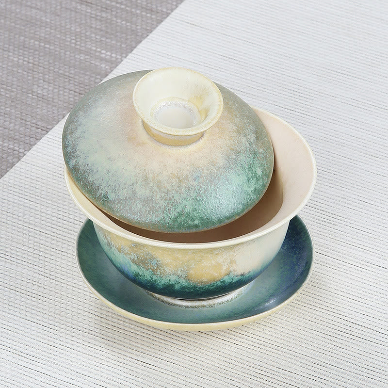 Tasse à thé et soucoupe en porcelaine avec motif de vagues de l'océan vert et Buddha Stones , tasse à thé Gaiwan Sancai en céramique Kung Fu avec couvercle
