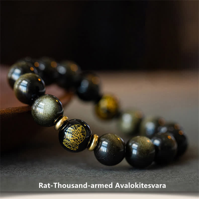 Bracelet de protection de richesse en obsidienne dorée avec Bouddha du zodiaque chinois