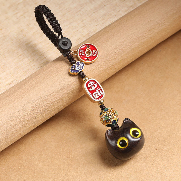 Porte-clés en bois d'ébène avec Buddha Stones, chat porte-bonheur, nuage de bon augure, paix, décoration à suspendre pour téléphone - Chat aux yeux jaunes - Porte-clés - image 4