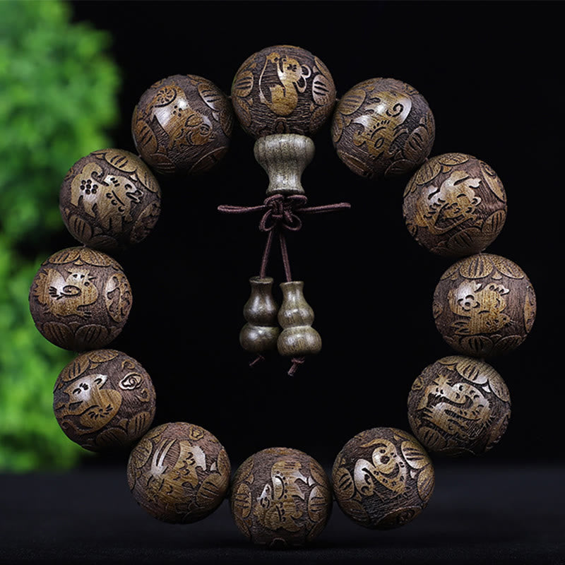Bracelet de chaleur sculpté PiXiu en bois de rose, ébène, pièce de cuivre et Buddha Stones, signe du zodiaque chinois