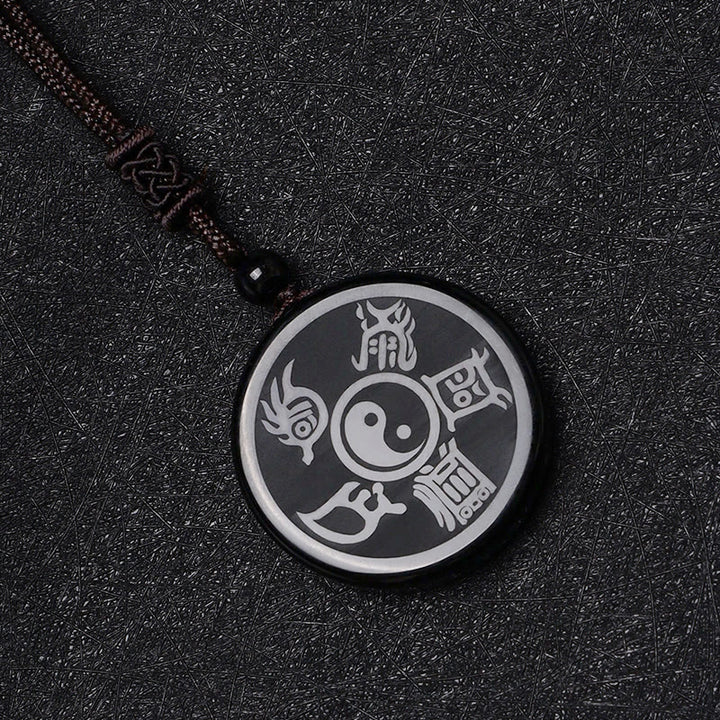 Collier pendentif Yin Yang sculpté en Buddha Stones en obsidienne noire, taoïsme, cinq montagnes sacrées, mantra à neuf caractères, purification - image 11