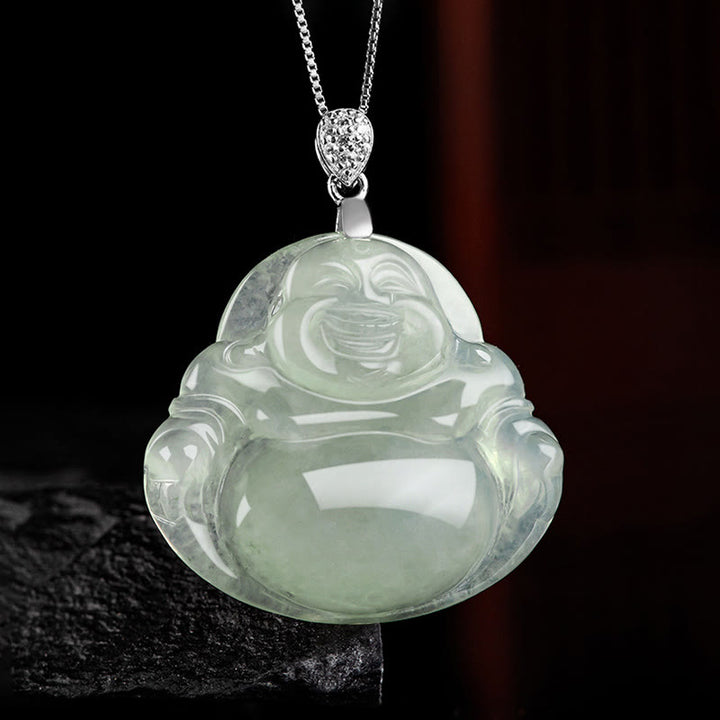 Collier Buddha Stones rieur en jade naturel, pierre de Bouddha, symbole de prospérité et d'abondance, chaîne en acier titane. - image 1