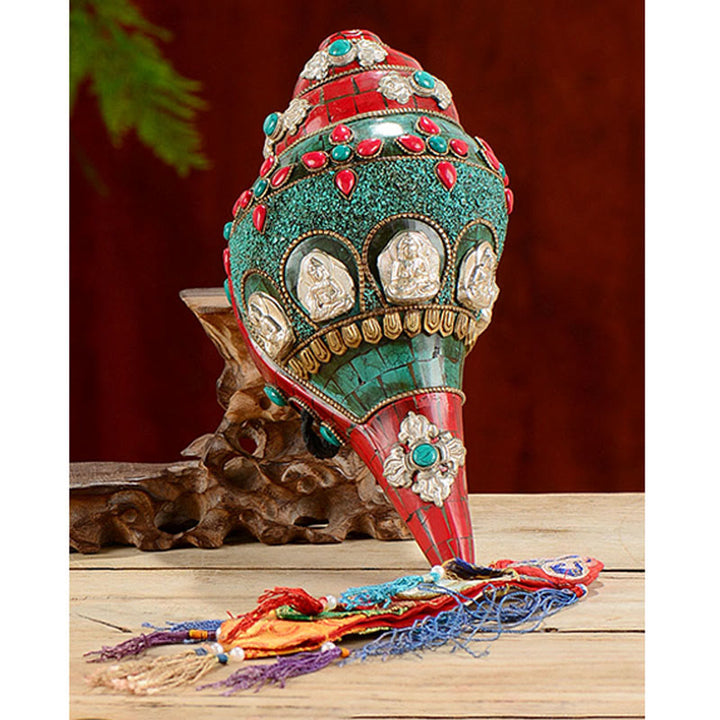 Tibétain fait à la main Shankha Om Mani Padme Hum bouddha Avalokitesvara coquille de conque Turquoise décoration positive - image 13