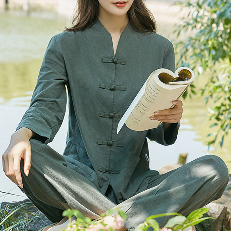 Buddha Stones Spirituelle Zen Pratique Yoga Méditation Prière Uniforme Coton Lin Vêtements Ensemble Femme - Vert foncé - US18，UK/AU22，EU50 (6XL) - image 1