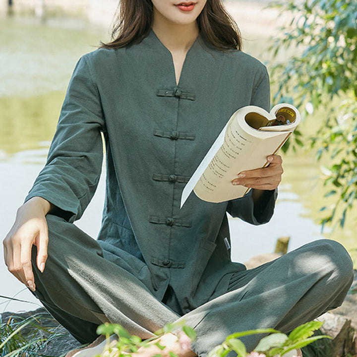 Buddha Stones Spirituelle Zen Pratique Yoga Méditation Prière Uniforme Coton Lin Vêtements Ensemble Femme - Vert foncé - US18，UK/AU22，EU50 (6XL) - image 1