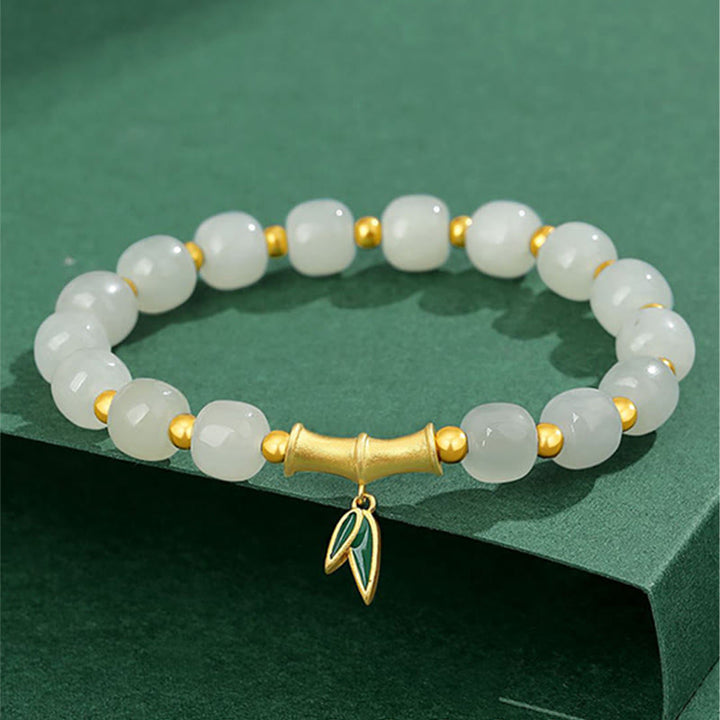 Bracelet porte-bonheur en argent sterling 925 et jade blanc Hetian en bambou Buddha Stones