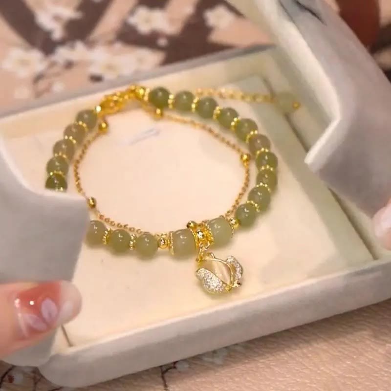 Bracelet de perles porte-bonheur en Buddha Stones, feuille de jade, ginkgo, tulipe, arachide, personnage Fu