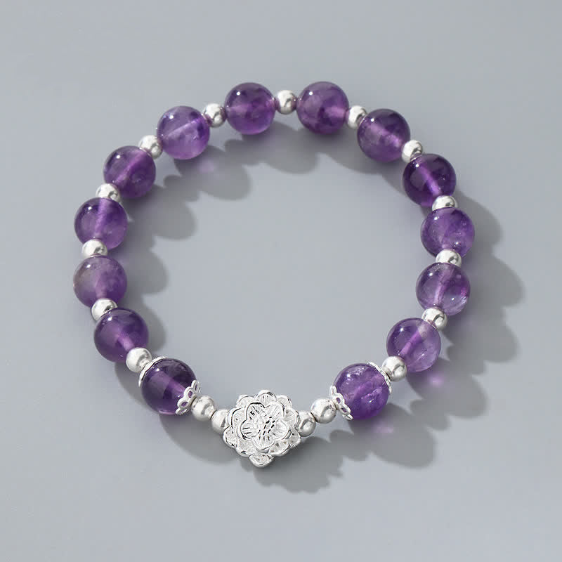 Bracelet spirituel Lotus en améthyste naturelle en argent sterling 925 Buddha Stones