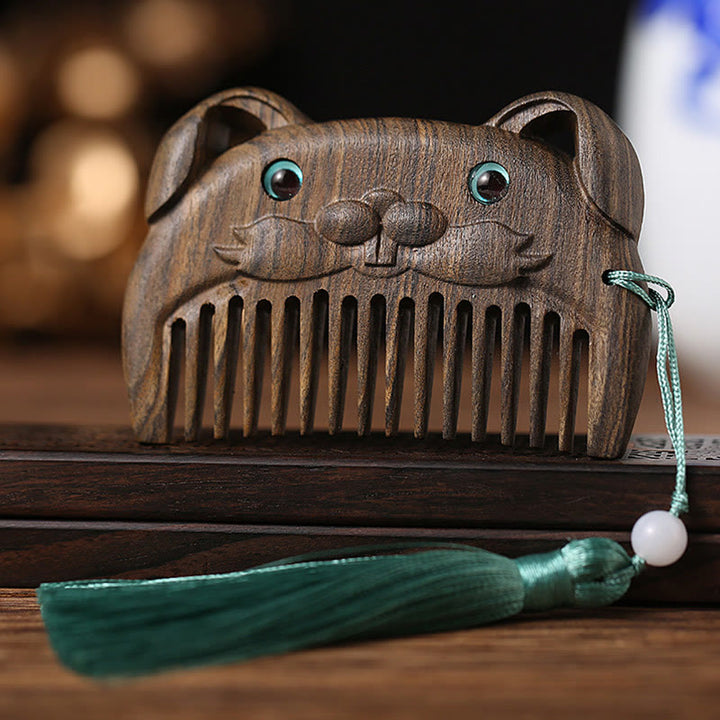 Mini peigne portable en bois de santal vert avec symbole du zodiaque chinois - Bois de Chacate Preto - Lapin - image 10