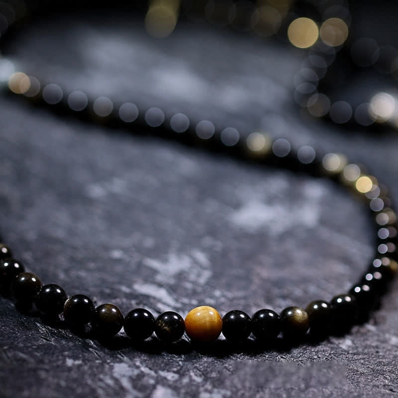 Bracelet de richesse en pierre d'oeil de tigre et d'aigle avec 108 Buddha Stones de Mala en obsidienne dorée brillante