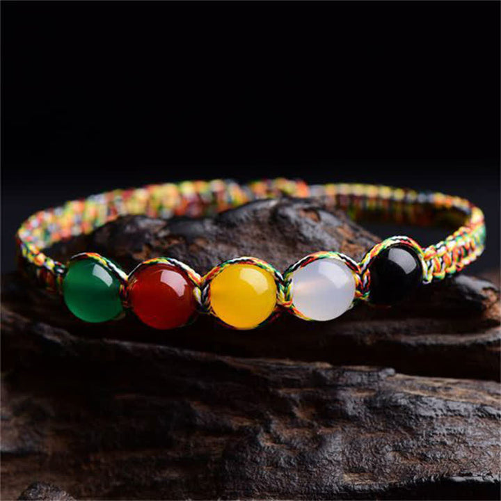 Bracelet en fil d'agate colorée, métal, bois, eau, feu, terre, cinq éléments