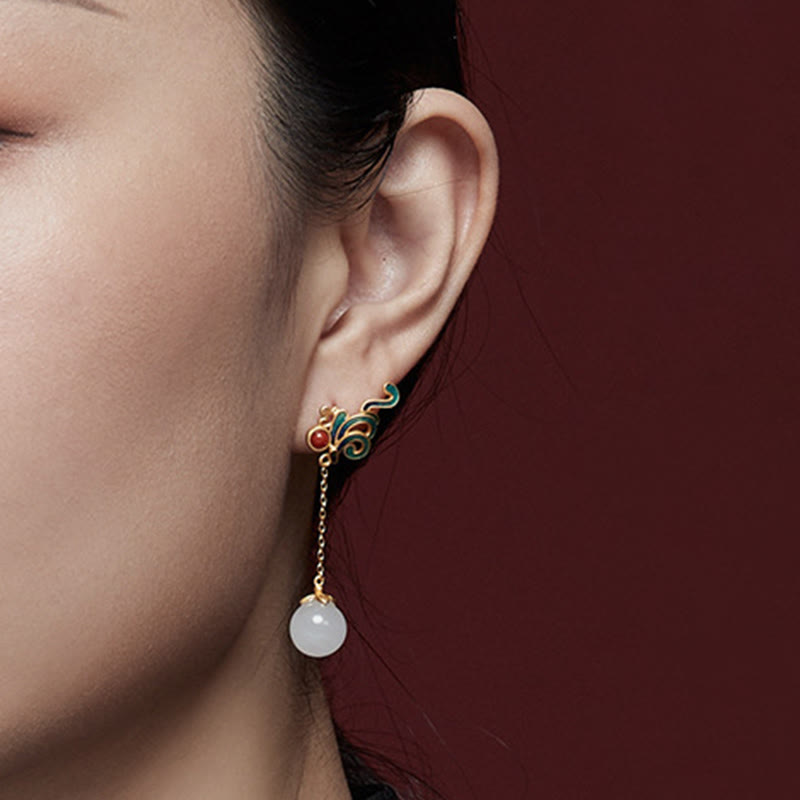 Boucles d'oreilles pendantes en jade blanc et agate rouge vintage Buddha Stones