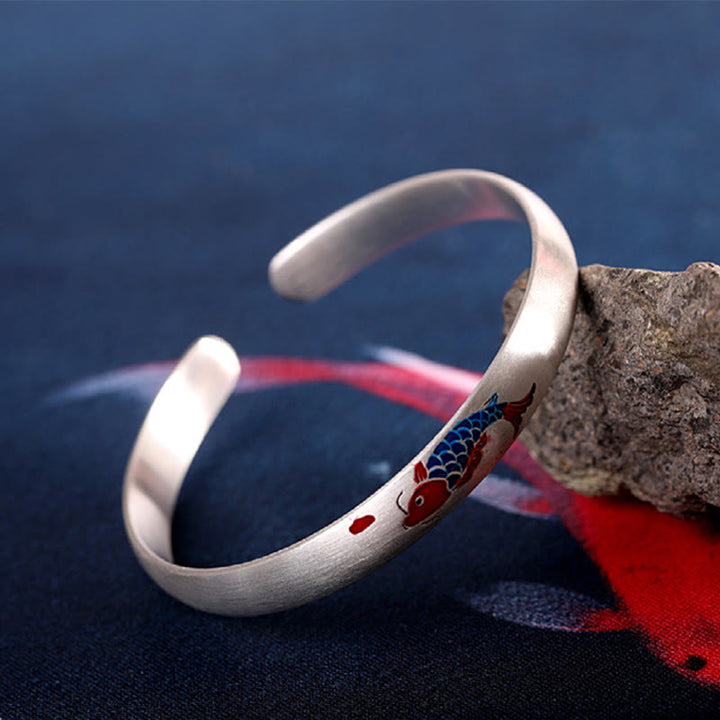 Bracelet manchette porte-bonheur en argent sterling 999 Buddha Stones et poisson koï - image 4