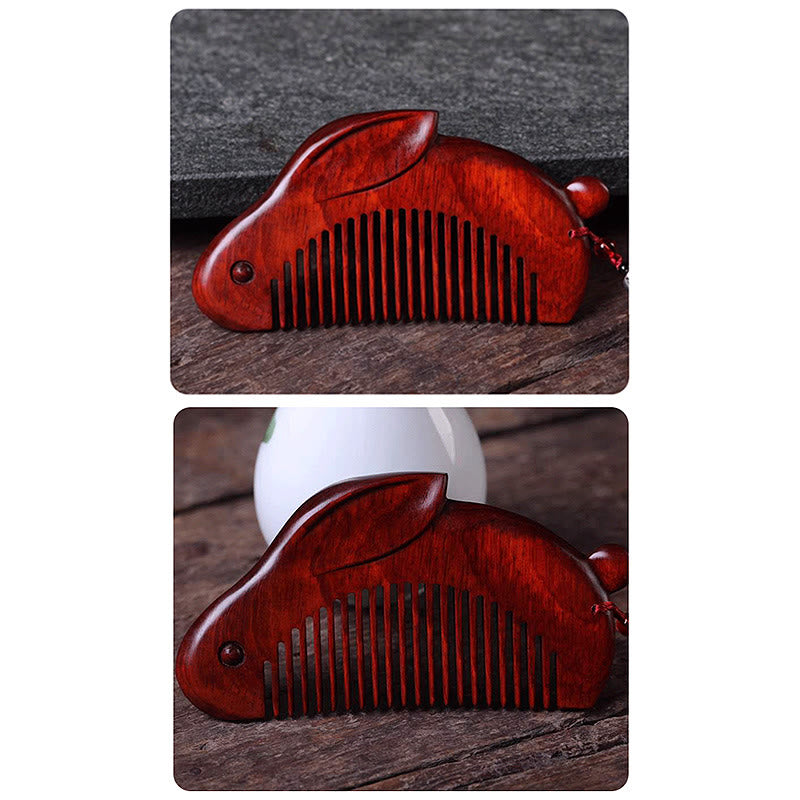 Peigne apaisant en forme de lapin mignon en bois de santal rouge à petites feuilles avec boîte cadeau