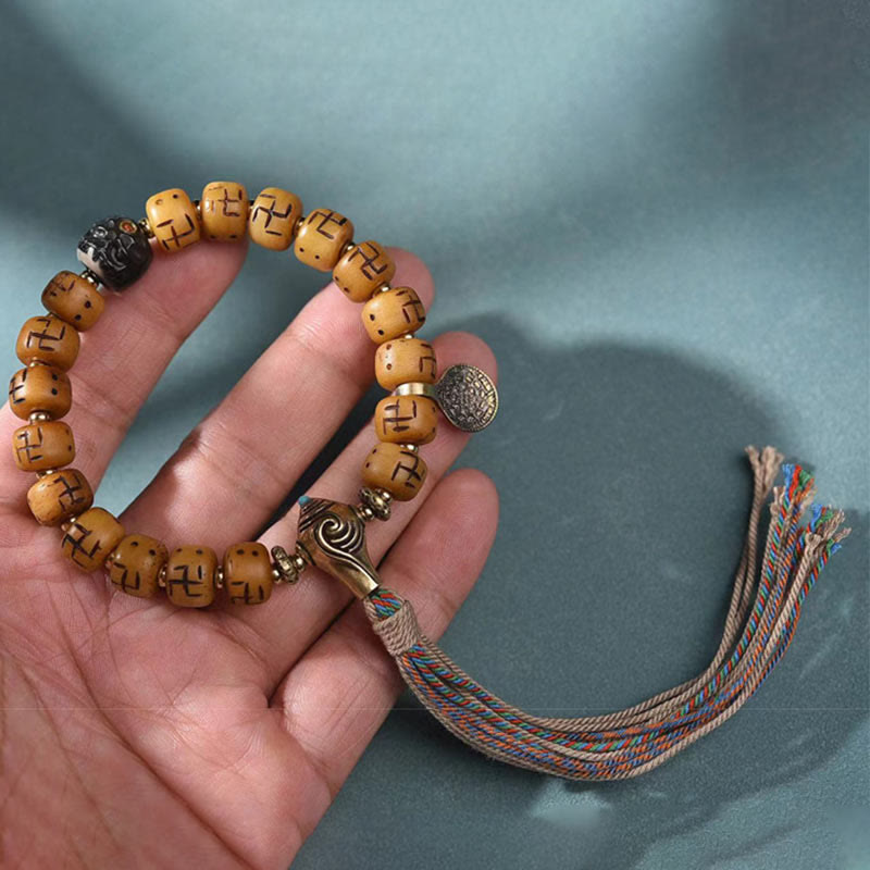 Buddha Stones en os de chameau tibétain naturel, croix gammée Dzi, perle Shankha, breloque de bouddha Kirtimukha, Bracelet à pompon de Protection porte-bonheur