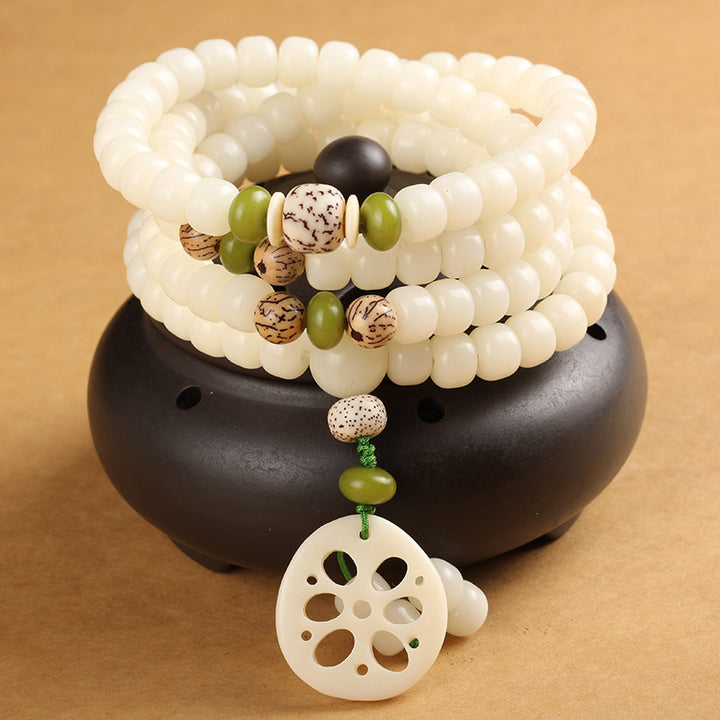 Bracelet porte-bonheur en 108 perles de Bodhi Seed Mala blanc Buddha Stones