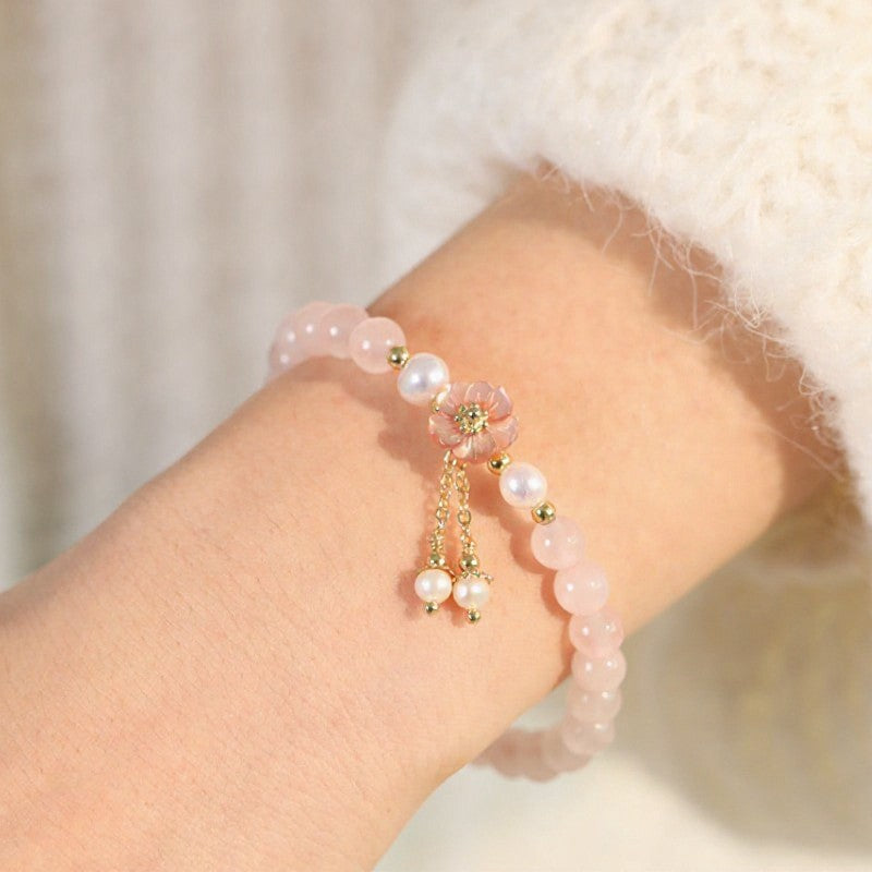 Buddha Stones Bracelet d'amour avec breloque fleur et perle de quartz rose - image 1