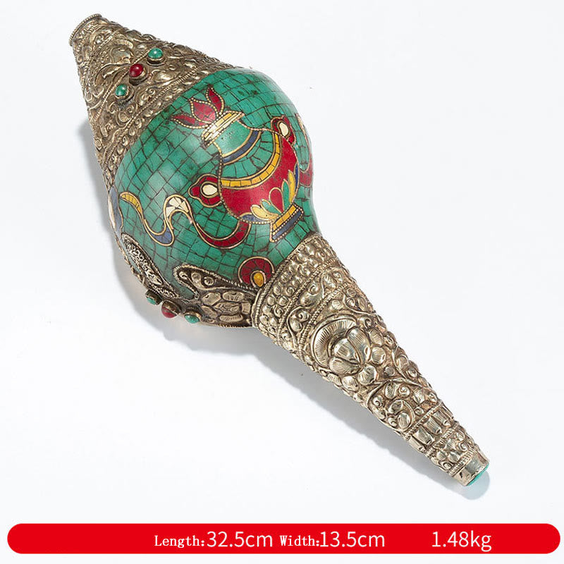 Tibétain fait à la main Shankha Om Mani Padme Hum bouddha Avalokitesvara coquille de conque Turquoise décoration positive - Vase orné de huit symboles de bon augure - 32,5 x 13,5 cm - image 27
