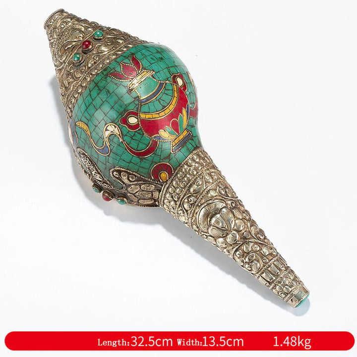 Tibétain fait à la main Shankha Om Mani Padme Hum bouddha Avalokitesvara coquille de conque Turquoise décoration positive - Vase orné de huit symboles de bon augure - 32,5 x 13,5 cm - image 27