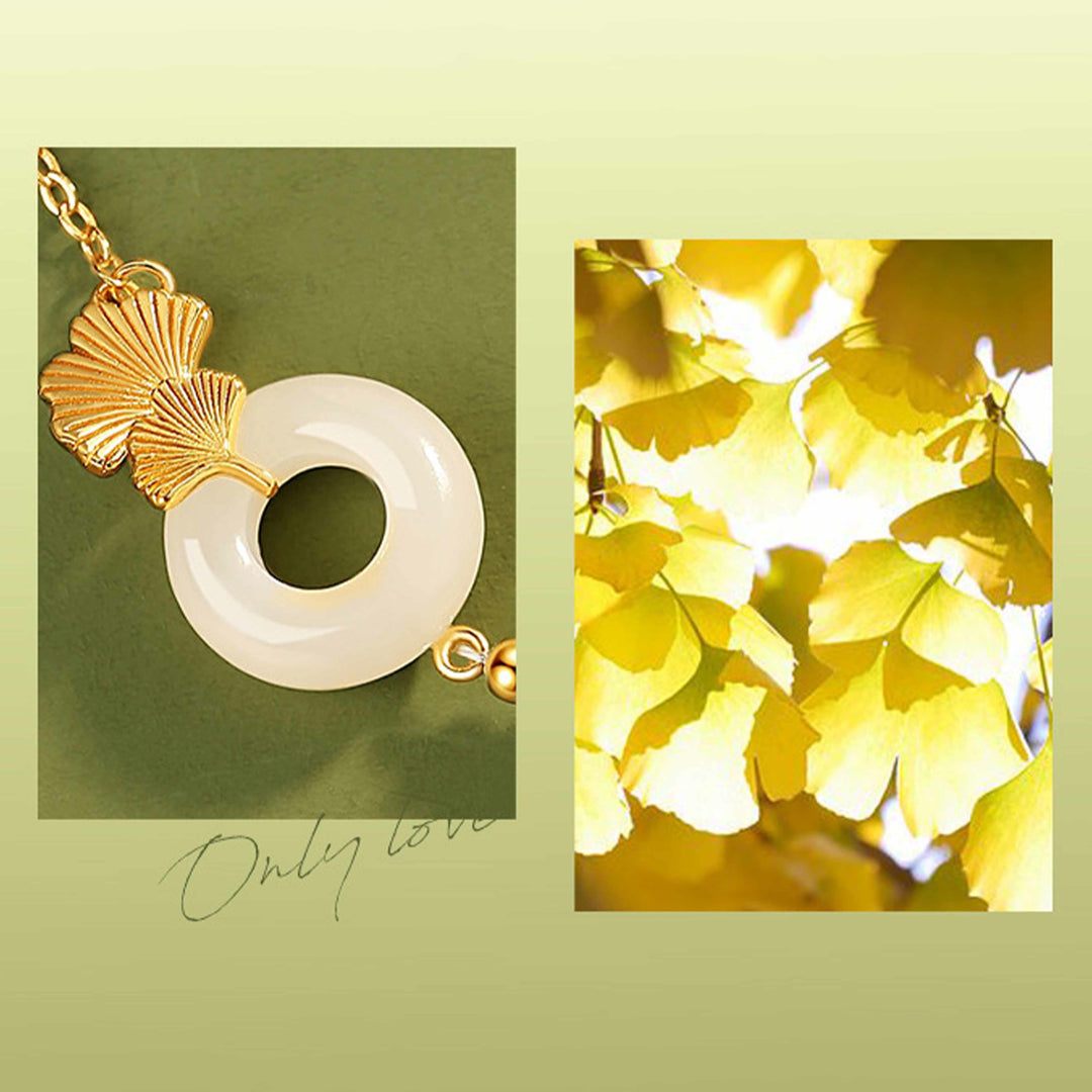 Bracelet Buddha Stones -bonheur en argent sterling 925 avec boucle de paix en jade blanc Hetian et feuilles de ginkgo - image 7