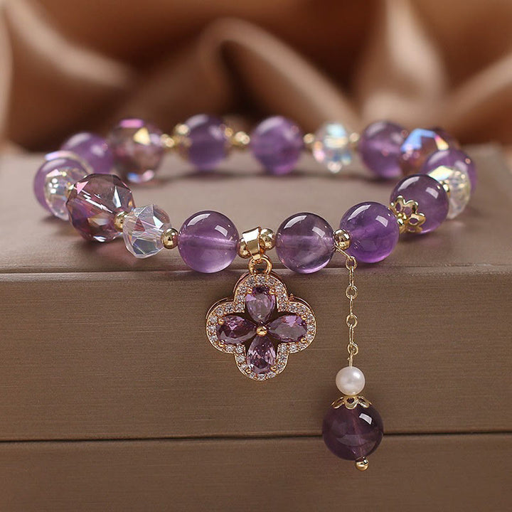 Bracelet de guérison spirituelle en cristal d'améthyste naturelle et trèfle à quatre feuilles de Buddha Stones