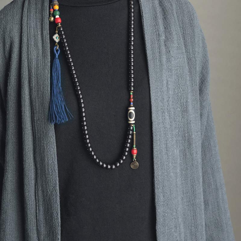 Buddha Stones Mala 108 perles en bois d'ébène et perles Dzi en cuivre avec pampilles et équilibre