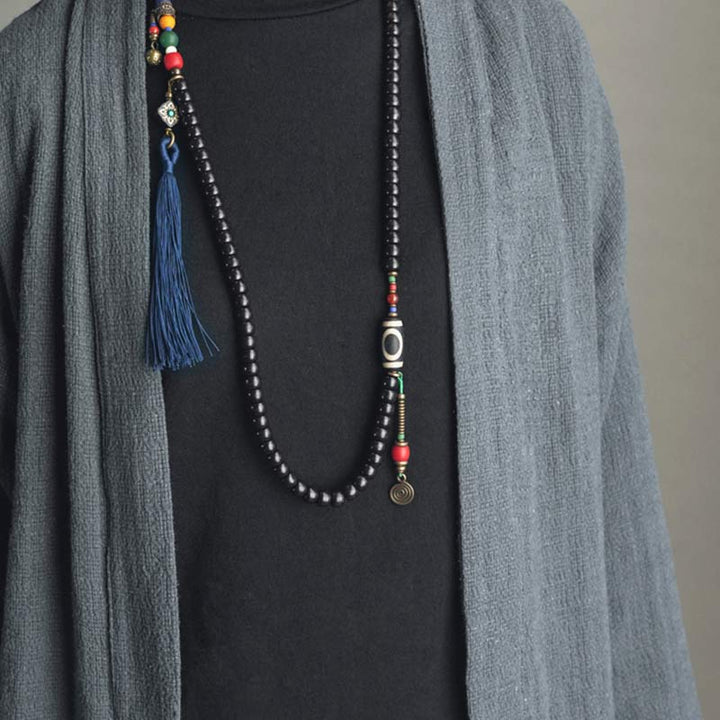 Buddha Stones Mala 108 perles en bois d'ébène et perles Dzi en cuivre avec pampilles et équilibre