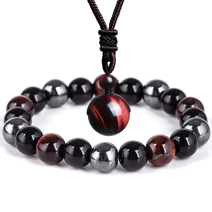 Ensemble collier et bracelet en œil de tigre tibétain Buddha Stones