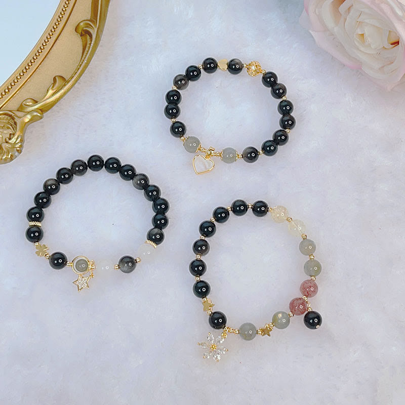 Bracelet de protection en obsidienne naturelle argentée avec Buddha Stones , cœur, étoile, fleur